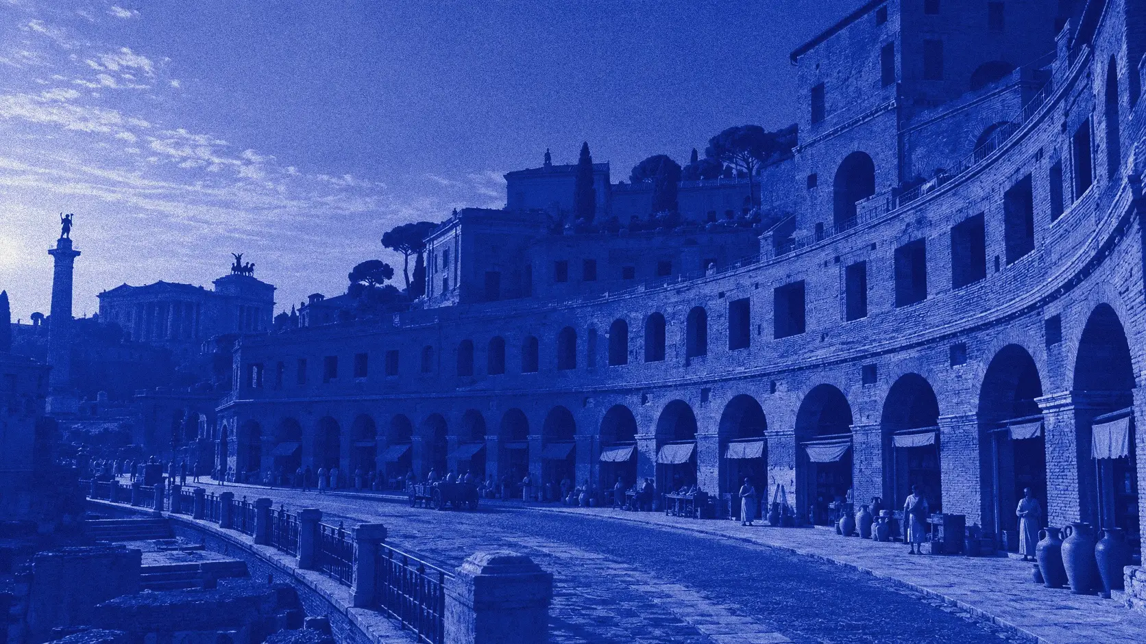 Los Mercados de Trajano, galerías de ladrillo en hemiciclo, en duotono azul