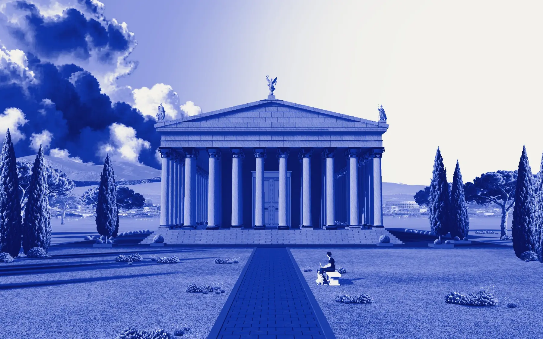 La portada del sitio: el templo de Venus y Roma en duotono azul, con la nube, los cipreses, la calzada y Mati con su perro Z en un banco al costado del camino
